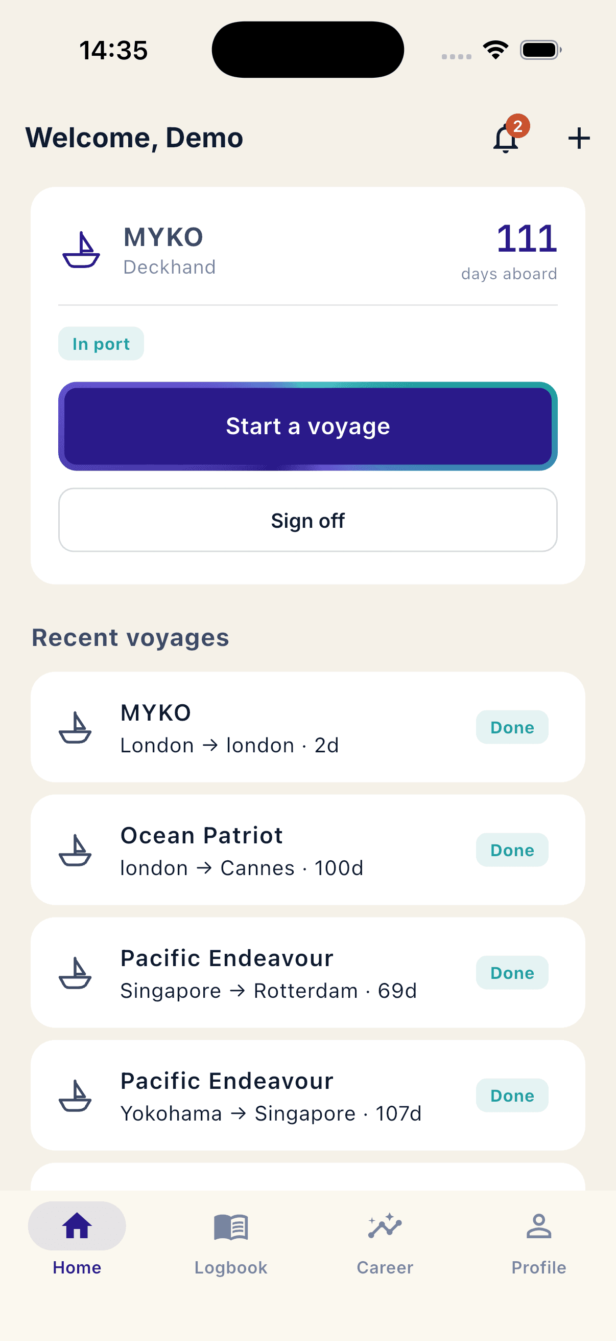 Bridgedeck Logbook — home screen showing 111 days aboard MYKO and recent voyages